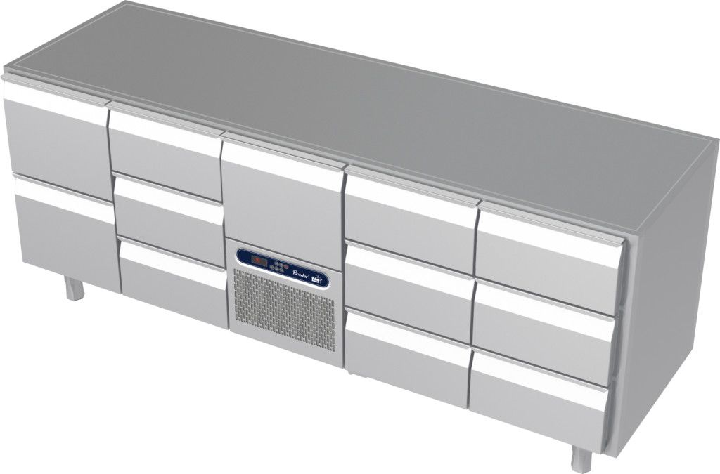 Banco de trabajo frigor&iacute;fico Roeder Acer - 1x 2 cajones, 1x3 cajones, motor + caj&oacute;n, 2x3 cajones