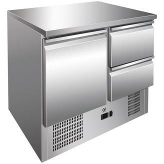Etabli Gastro-Inox en inox, 1 porte et 2 tiroirs, refroidi par force