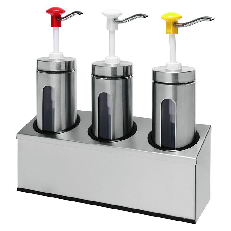 Juego de dispensador Kalando de 3 piezas, blanco/rojo/amarillo, con funcionamiento mediante bot&oacute;n pulsador - 2,25 L