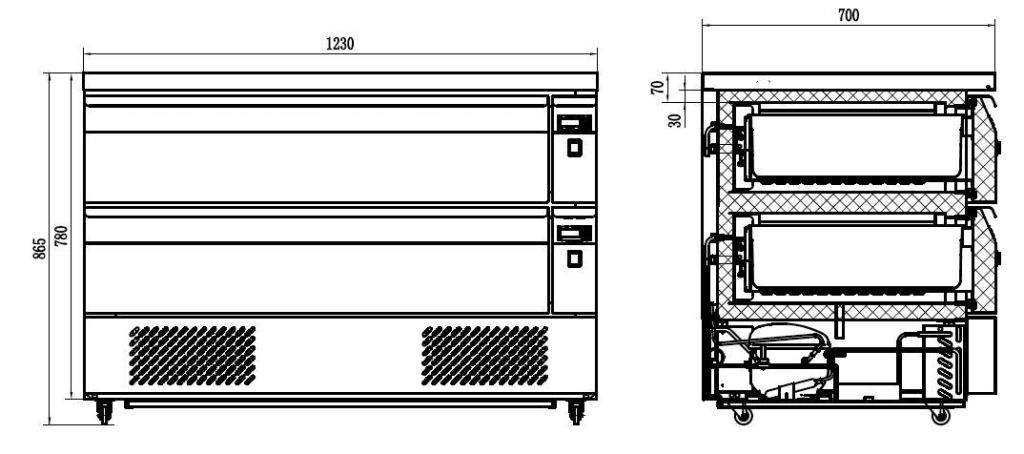Combisteel K&oslash;le/fryser arbejdsbord, 2 skuffer 6x 1/1gn