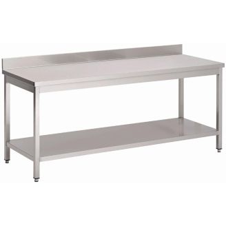 Gastro M arbejdsbord i rustfrit st&aring;l med underhylde og bagkant 85x70x70 cm