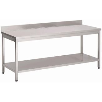 Gastro M arbejdsbord i rustfrit st&aring;l med bundhylde og bagkant 85x70x60 cm