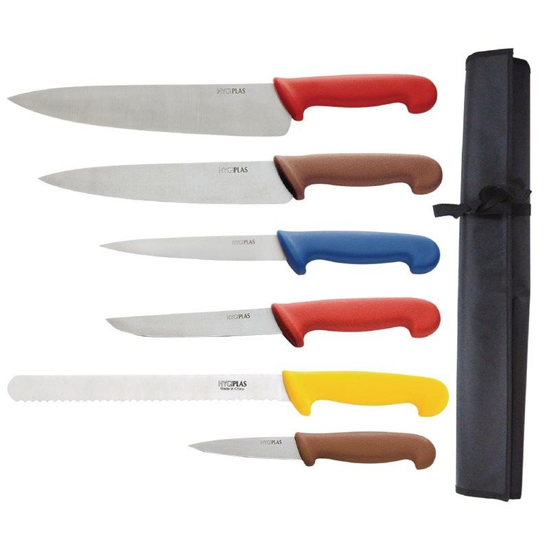 Juego de cuchillos de 6 piezas con c&oacute;digo de colores Hygiplas con estuche