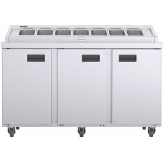 Station de pr&eacute;paration Foster avec 3 portes et couvercle &agrave; rouleaux en acier inoxydable et aluminium