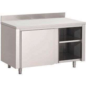 Gastro-M stainless steel workbench with sliding doors and backsplash