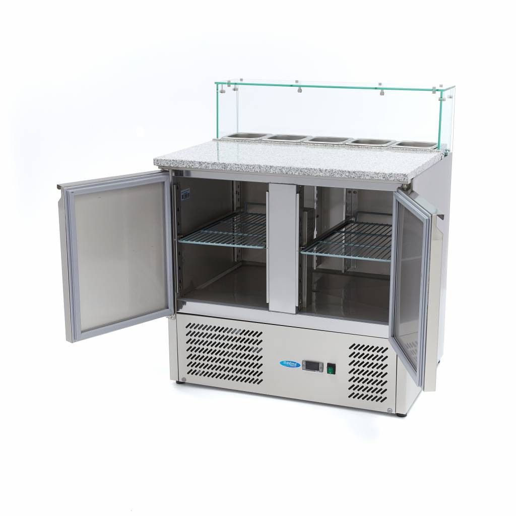 Maxima Pizza-Arbeitsplatte &ndash; 90 cm &ndash; 2 T&uuml;ren &ndash; 5 x 1/6 GN &ndash; inkl. Glasabdeckung