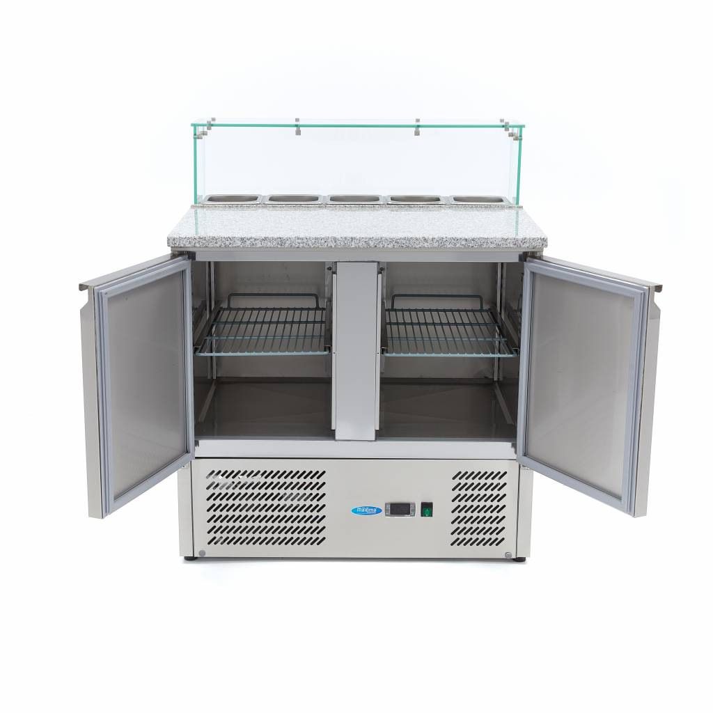 Maxima Pizza-Arbeitsplatte &ndash; 90 cm &ndash; 2 T&uuml;ren &ndash; 5 x 1/6 GN &ndash; inkl. Glasabdeckung