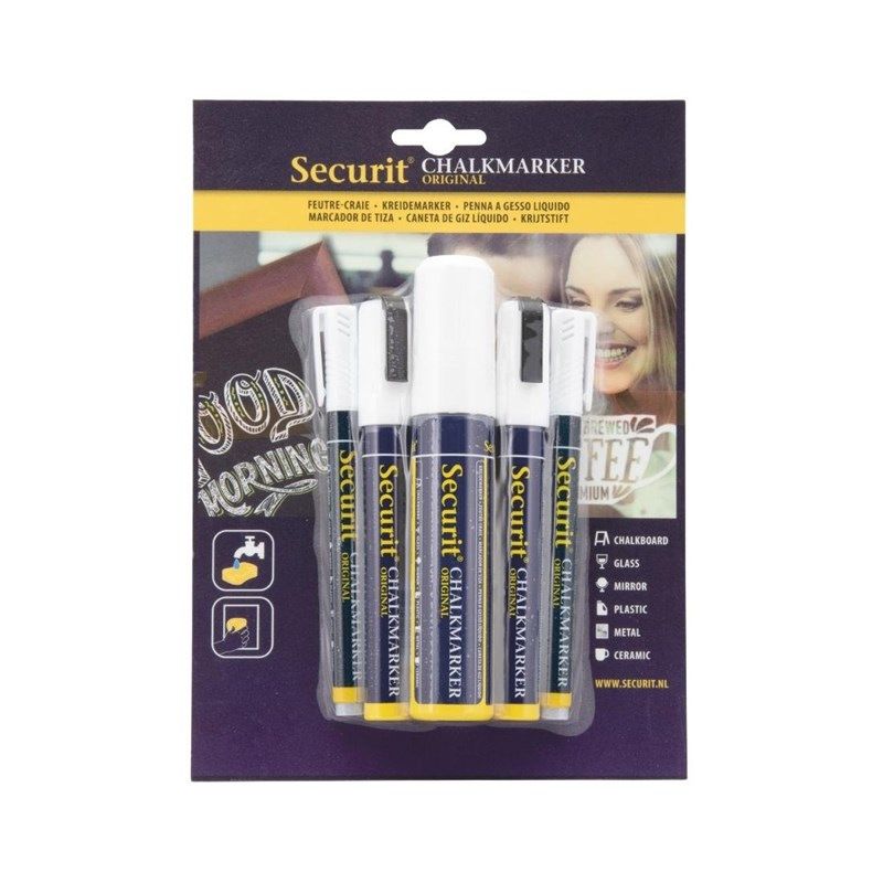 Securit 5 Original Kreidemarker &ndash; ein runder, keilf&ouml;rmiger Marker mit Blockspitze in Wei&szlig;