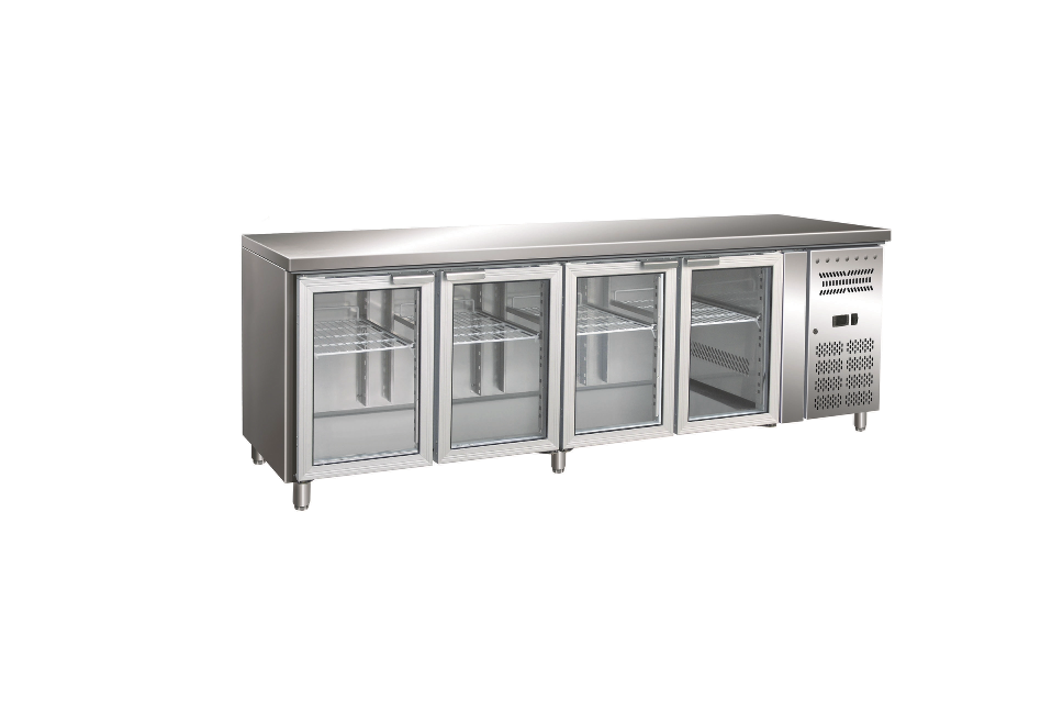 Gastro-Inox Edelstahl-GN-K&uuml;hlarbeitsplatte mit 4 Glast&uuml;ren und Zwangsk&uuml;hlung