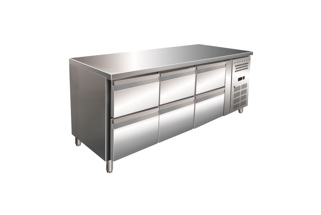 Gastro-Inox Edelstahl-GN-K&uuml;hlarbeitsplatte mit 6 Schubladen und Zwangsk&uuml;hlung
