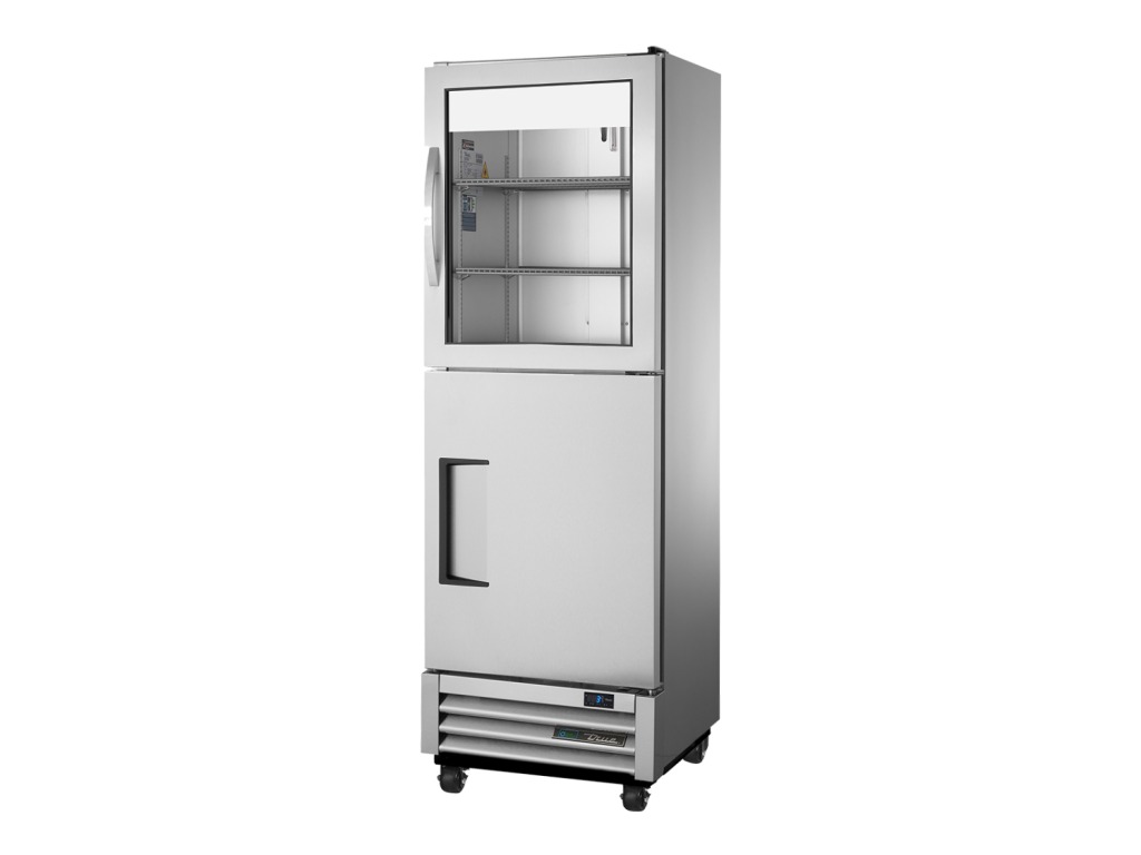 Frigor&iacute;fico expositor vertical verdadeiramente compacto com portas de abrir metade em vidro e metade s&oacute;lidas - 425L