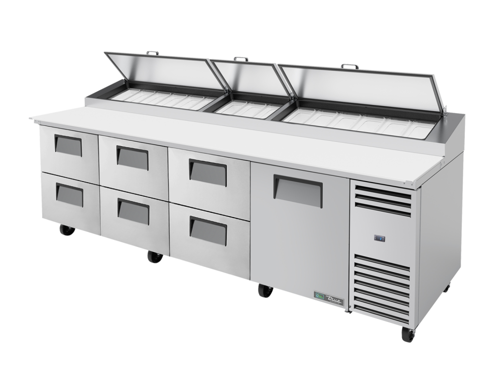 True Banco da lavoro per pizza con 1 anta e 6 cassetti - 1124L (15 x 1/3)