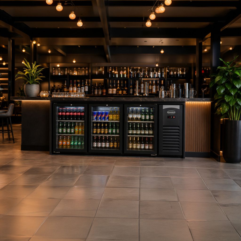 COMBISTEEL Black bar cooler with 3 glass doors